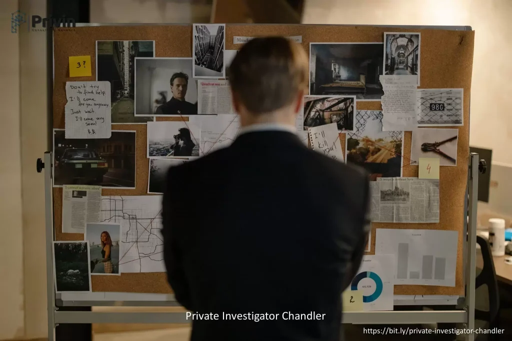 A private investigator stands before a corkboard filled with photos, maps, and notes, connected by strings, suggesting an investigation. The text "Private Investigator Chandler" and a URL appear at the bottom