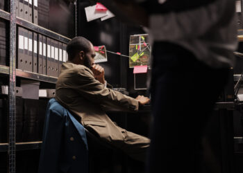 Detective in beige coat works at desk, surrounded by files and evidence board in office.