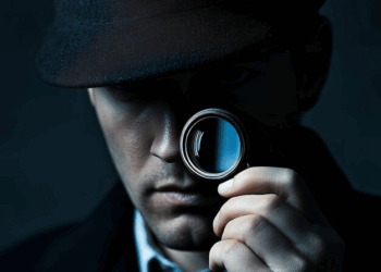 A man wearing a hat and coat examines an object closely through a magnifying glass