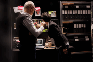 Two individuals focused on a computer screen in a well-lit room, engaged in a discussion or collaboration