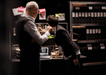 Two individuals focused on a computer screen in a well-lit room, engaged in a discussion or collaboration
