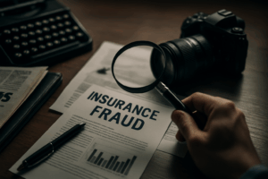 A close-up of a document with fraudulent insurance claims highlighted in red, illustrating insurance fraud on paper