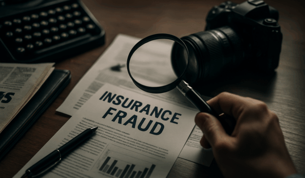 A close-up of a document with fraudulent insurance claims highlighted in red, illustrating insurance fraud on paper