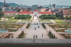 aerial view of Belvedere Palace in Austria; skip tracing services in Austria concept