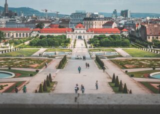 aerial view of Belvedere Palace in Austria; skip tracing services in Austria concept