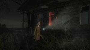 A woman with a flashlight approaches a dark, abandoned house with red-lit windows at night