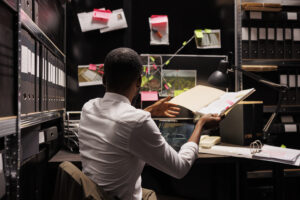 A man sitting at a desk, reading a book with a focused expression